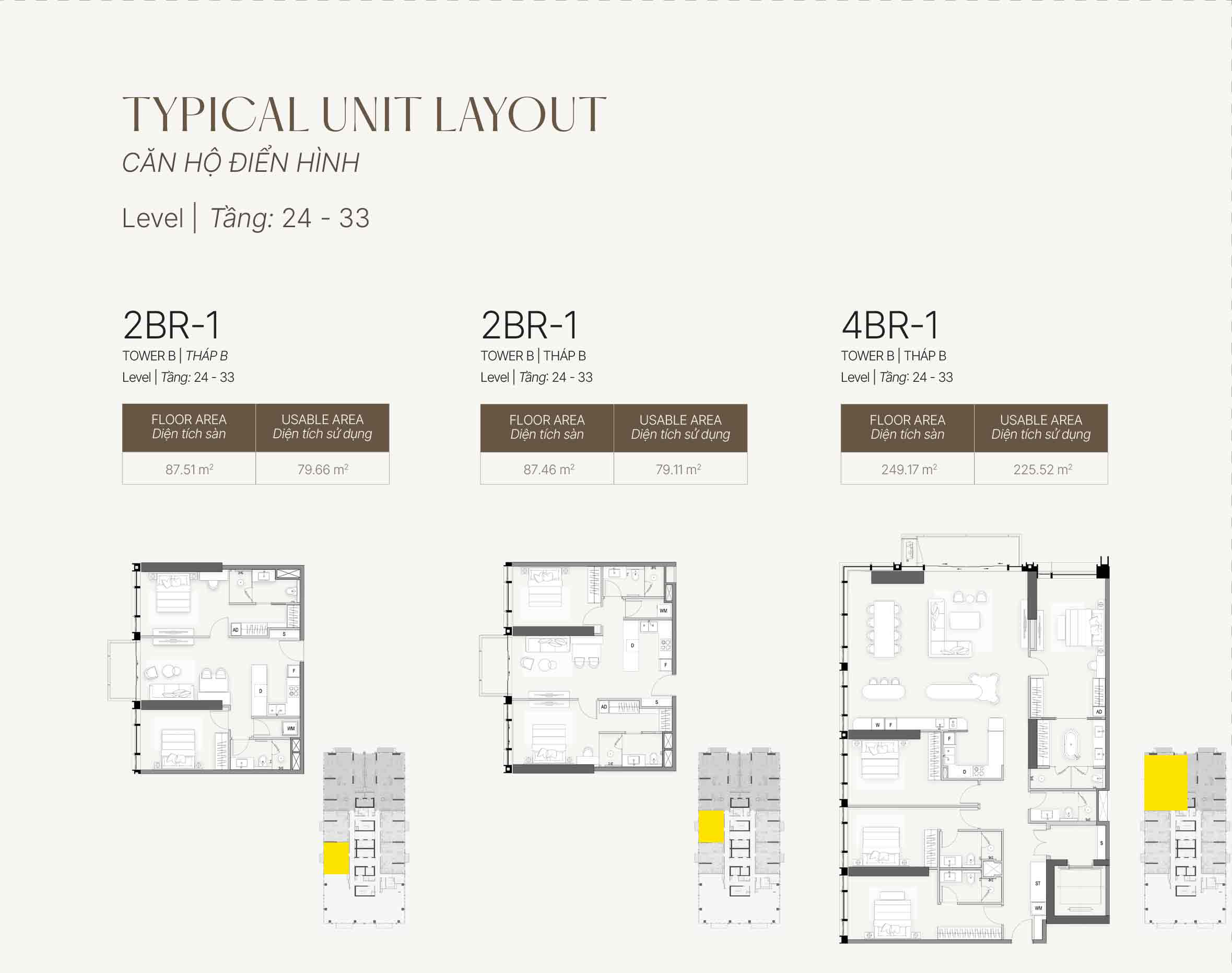 Mặt bằng layout căn hộ 2 phòng ngủ, 4 phòng ngủ The OpusK tầng 24-33