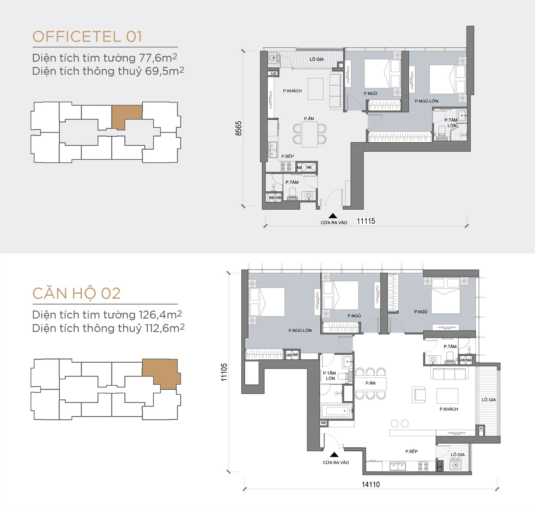 Layout thiết kế tầng điển hình Tòa Lux 6 loại Officetel 01, Căn hộ 02.