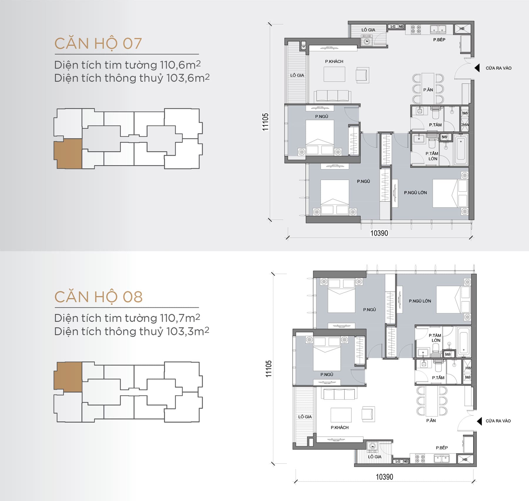 Layout thiết kế tầng điển hình Tòa Lux 6 loại Căn hộ 07, Căn hộ 08.