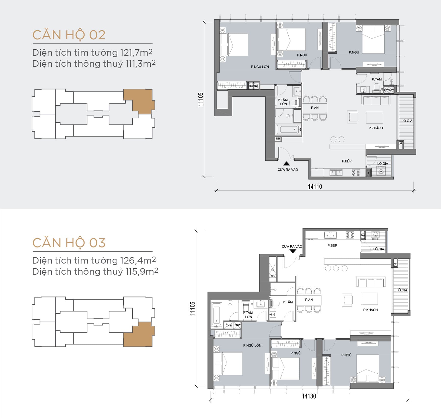 Layout thiết kế điển hình Tầng 23 Tòa Lux 6 loại Căn hộ 02, Căn hộ 03.
