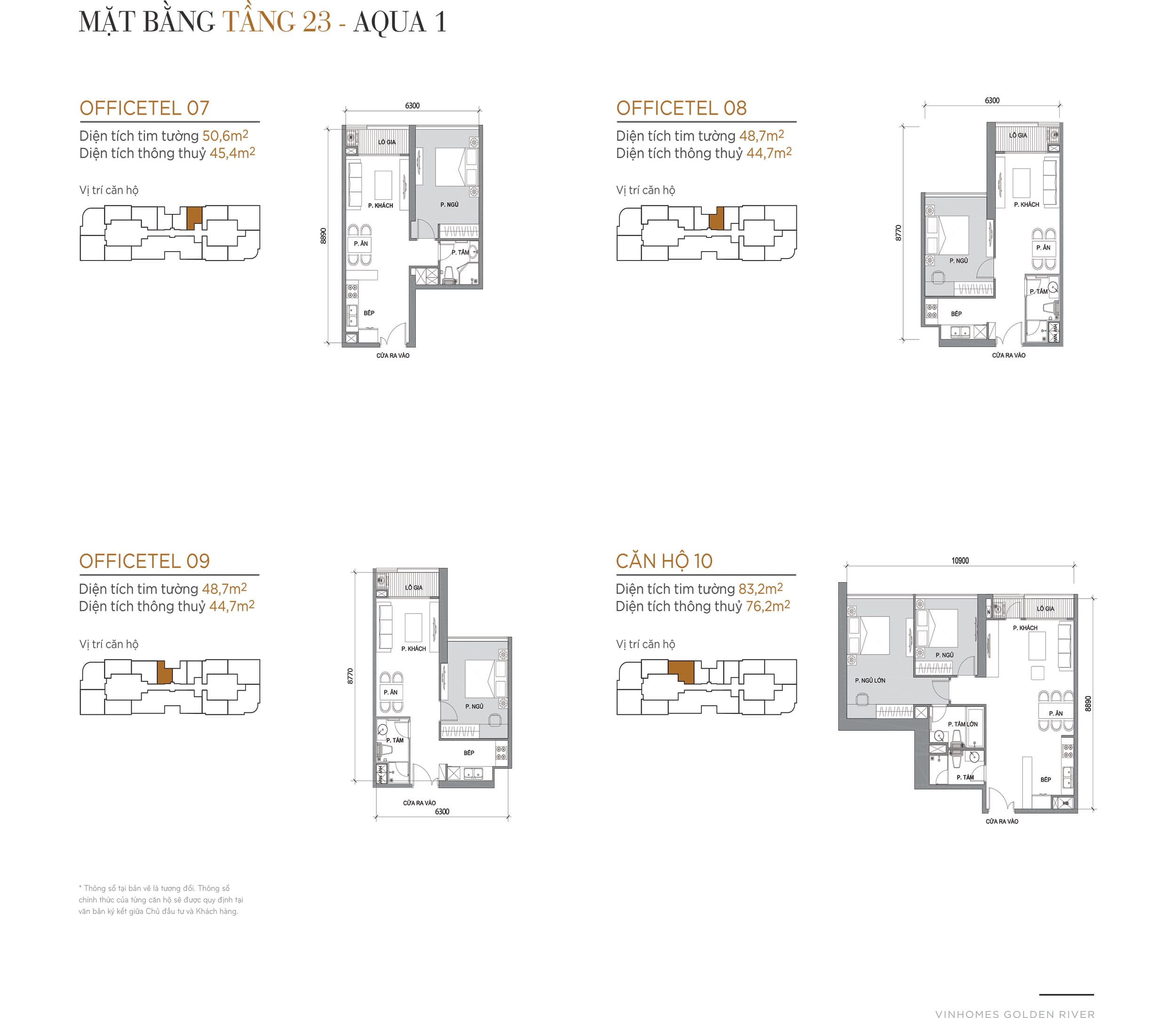 Layout thiết kế điển hình Tầng 23 Tòa Aqua 1 loại Officetel 07, Officetel 08, Officetel 09, Căn hộ 10.
