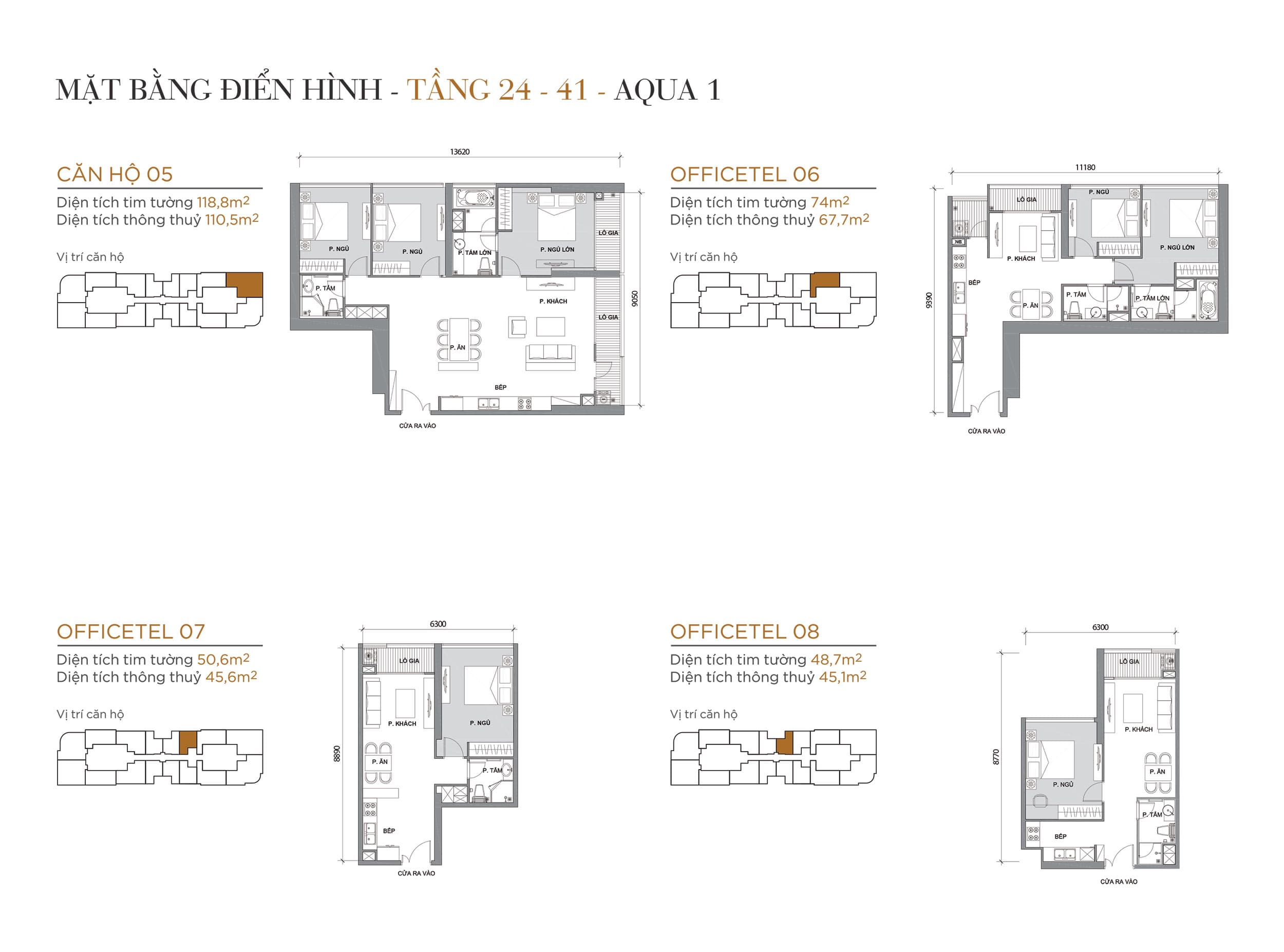 Layout thiết kế điển hình Tầng 24 đến Tầng 41 Tòa Aqua 1 loại Căn hộ 05, Officetel 06, Officetel 07, Officetel 08.