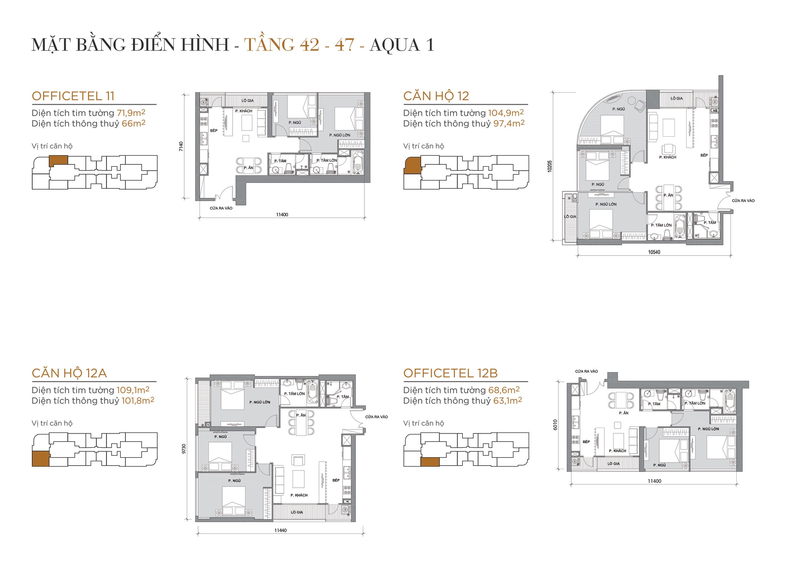 Layout thiết kế điển hình Tầng 42 đến Tầng 47 Tòa Aqua 1 loại Officetel 11, Căn hộ 12, Căn hộ 12A, Officetel 12B.