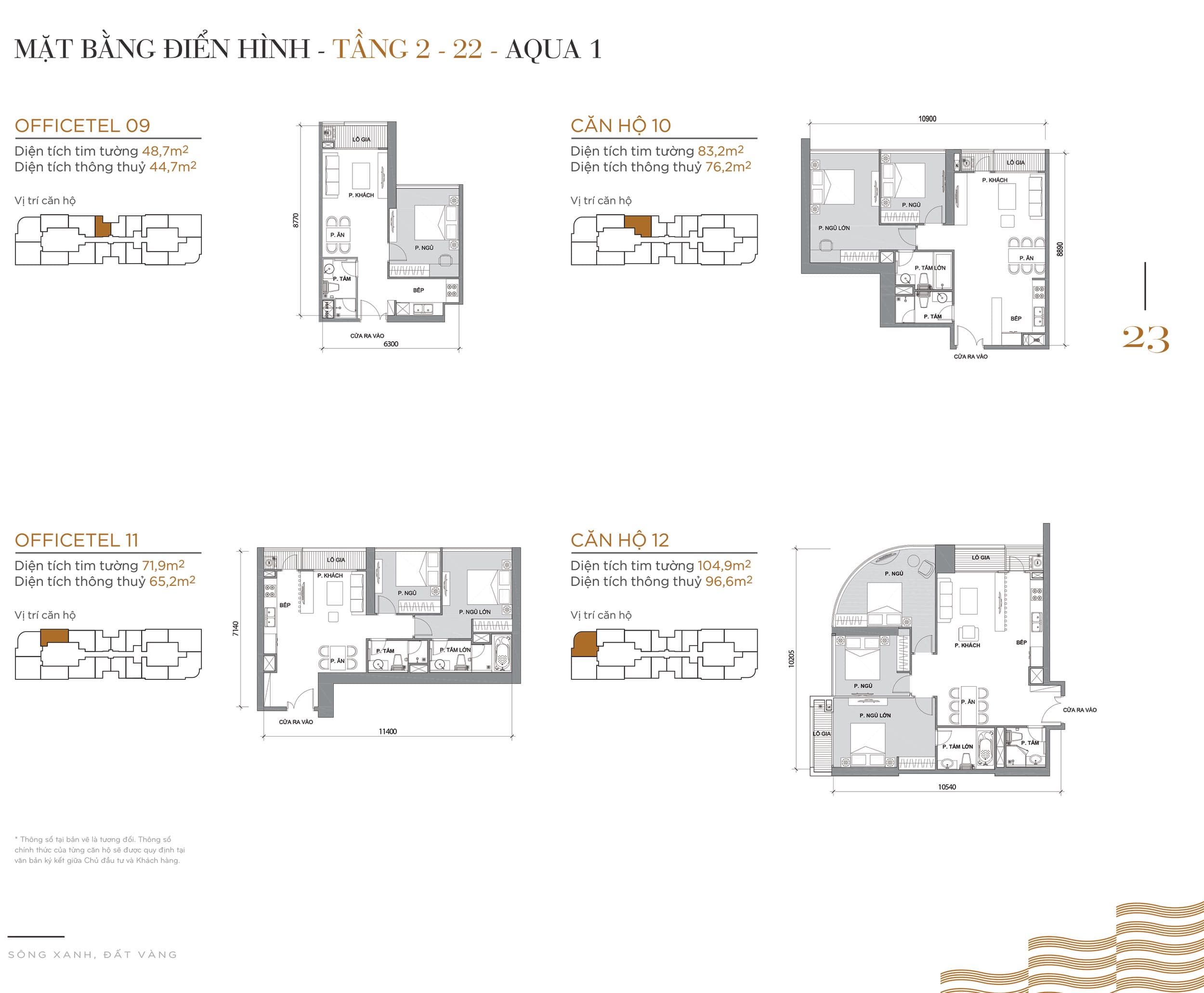 Layout thiết kế điển hình Tầng 2 đến Tầng 22 Tòa Aqua 1 loại Căn hộ Officetel 09, căn hộ 10, căn hộ Officetel 11, căn hộ 12.