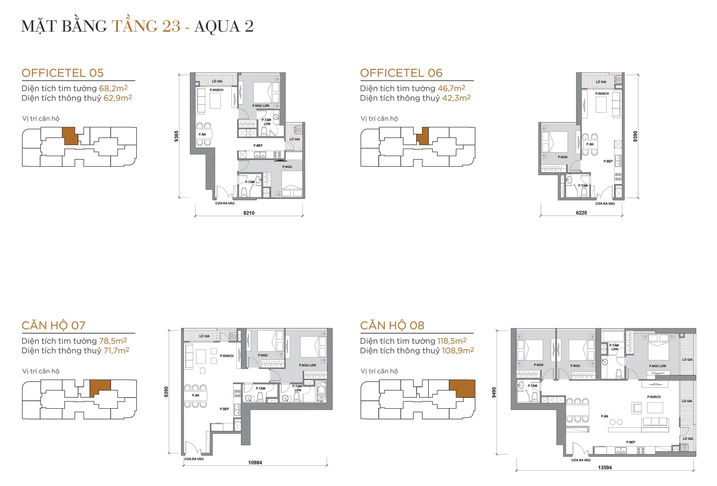 Layout thiết kế điển hình Tầng 23 Tòa Aqua 2 loại Officetel 05, Officetel 06, Căn hộ 07, Căn hộ 08.