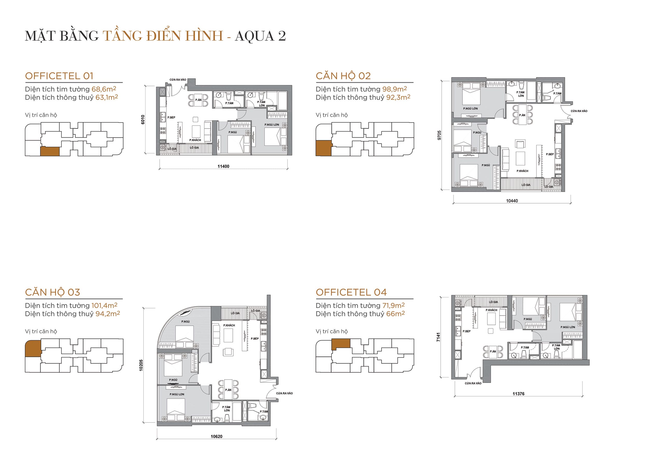Layout thiết kế tầng điển hình Tòa Aqua 2 loại Officetel 01, Căn hộ 02, Căn hộ 03, Officetel 04.