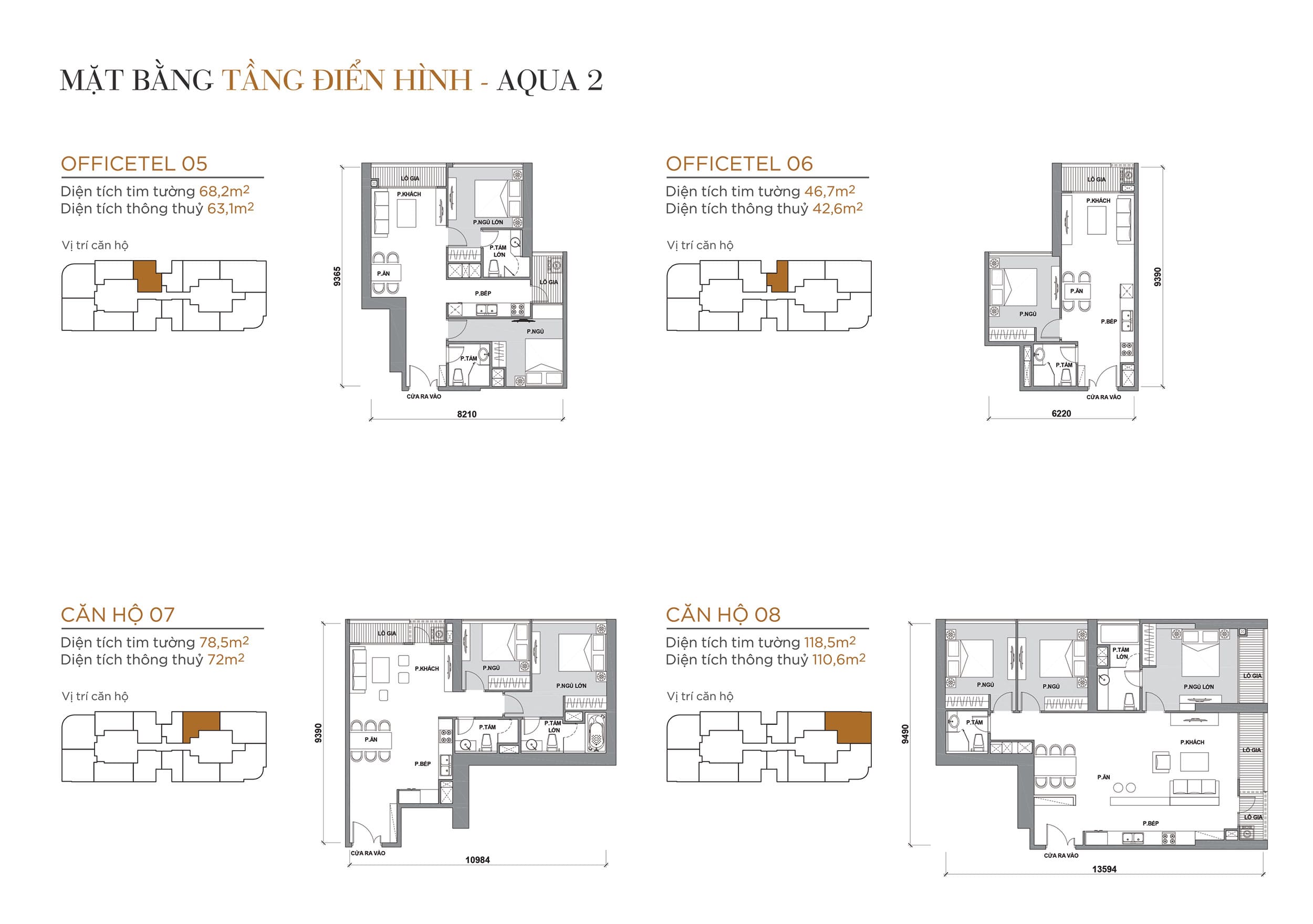 Layout thiết kế tầng điển hình Tòa Aqua 2 loại Officetel 05, Officetel 06, Căn hộ 07, Căn hộ 08.