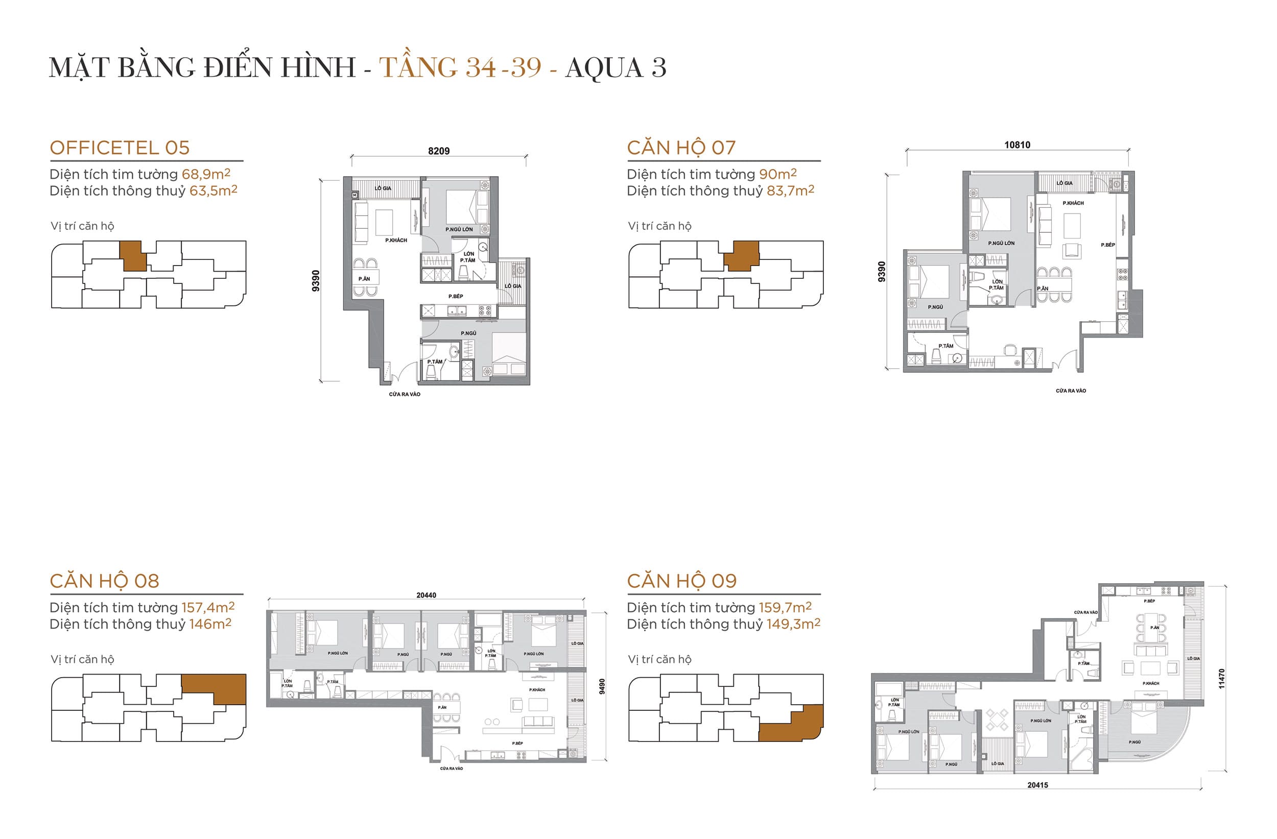 Layout thiết kế điển hình Tầng 34 đến Tầng 39 Tòa Aqua 3 loại Officetel 05, Căn hộ 07, Căn hộ 08, Căn hộ 09.
