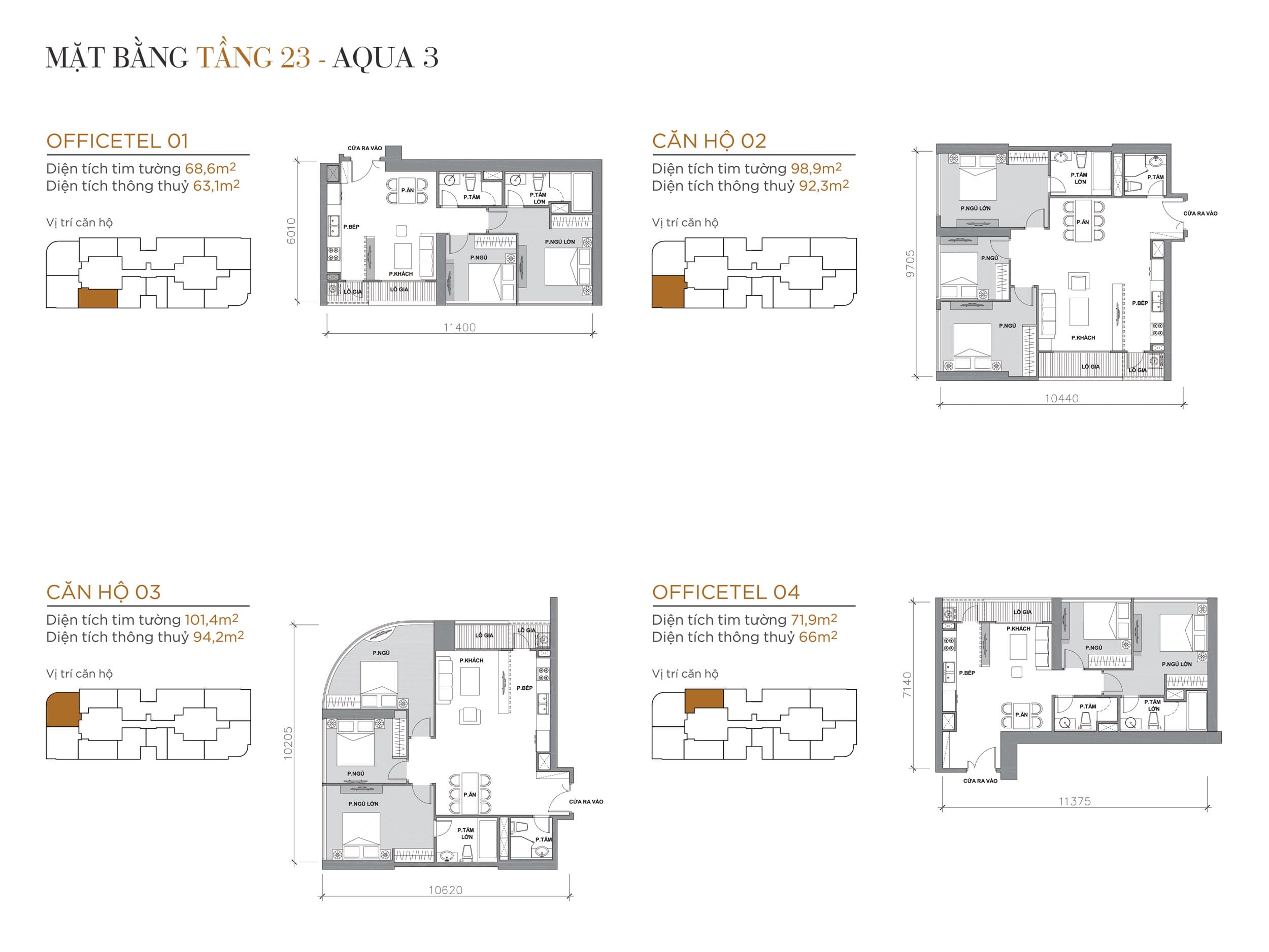 Layout thiết kế điển hình Tầng 23 Tòa Aqua 3 loại Officetel 01, Căn hộ 02, Căn hộ 03, Officetel 04.