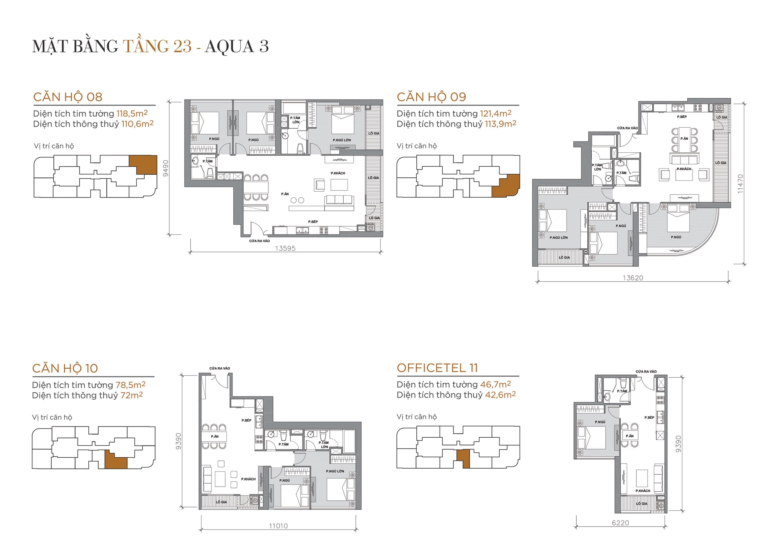 Layout thiết kế điển hình Tầng 23 Tòa Aqua 3 loại Căn hộ 08, Căn hộ 09, Căn hộ 10, Officetel 11.