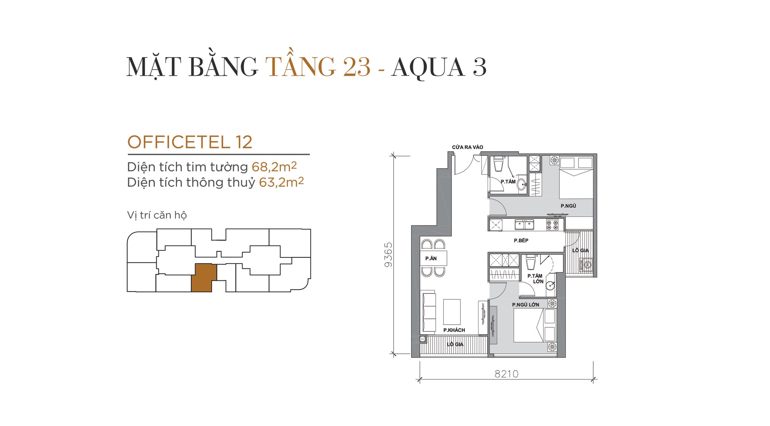 Layout thiết kế điển hình Tầng 23 Tòa Aqua 3 loại Officetel 12.