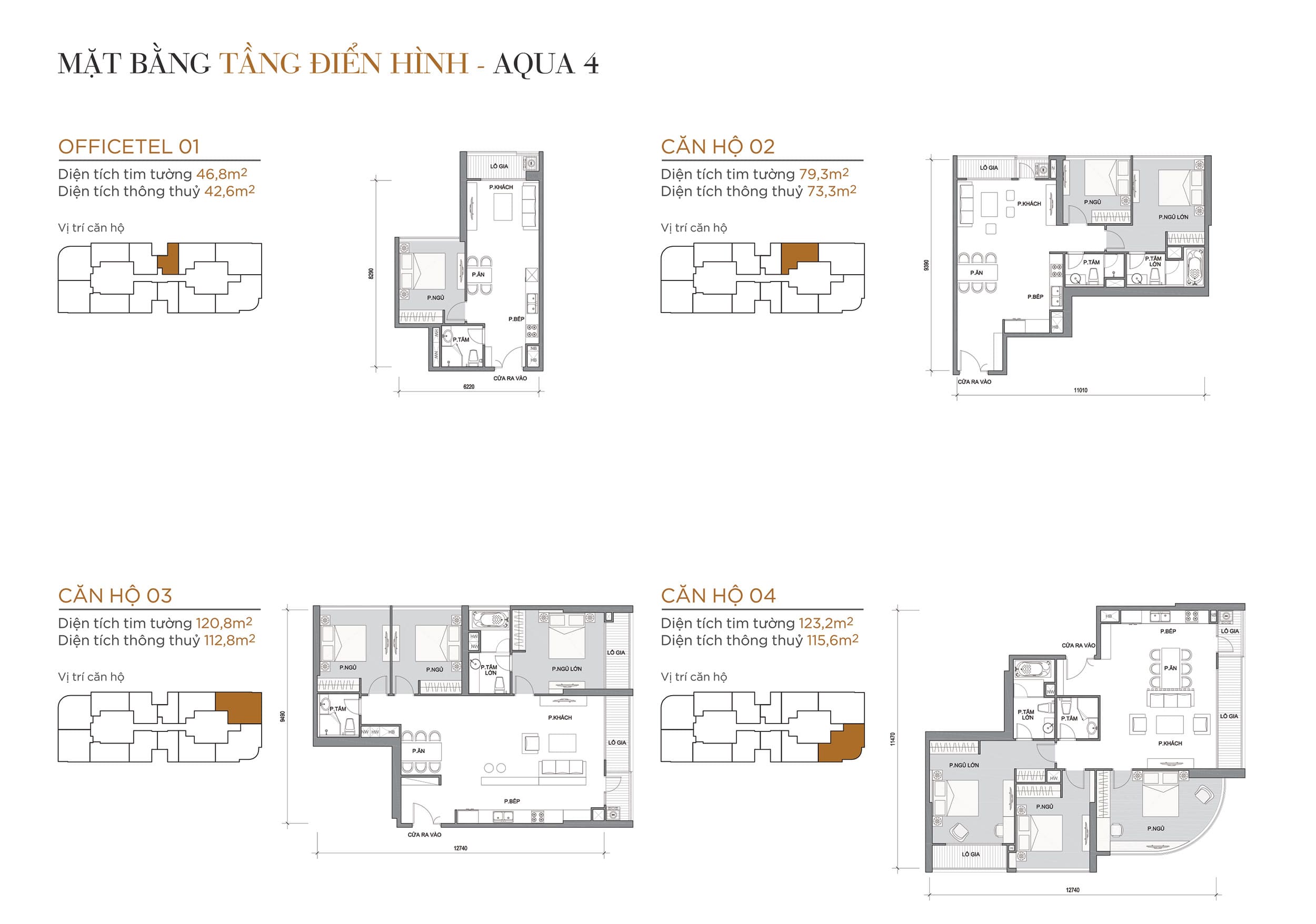 Layout thiết kế tầng điển hình Tòa Aqua 4 loại Officetel 01, Căn hộ 02, Căn hộ 03, Căn hộ 04.