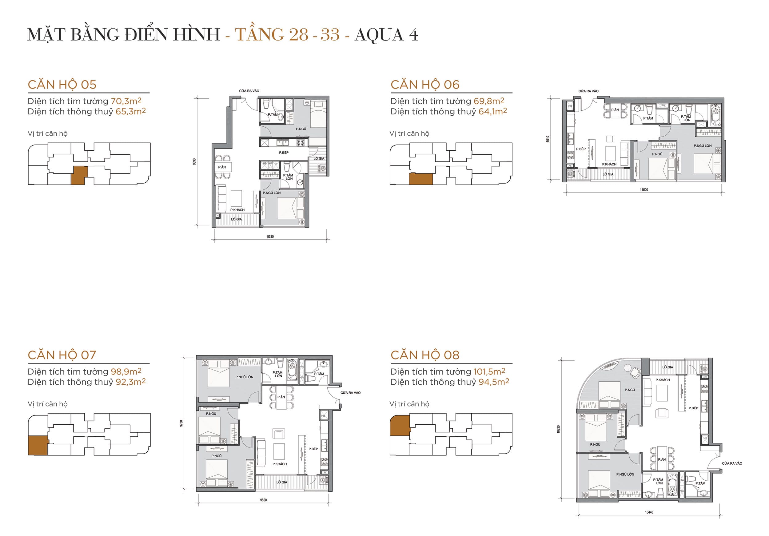 Layout thiết kế điển hình Tầng 28 đến Tầng 33 Tòa Aqua 4 loại Căn hộ 05, Căn hộ 06, Căn hộ 07, Căn hộ 08.
