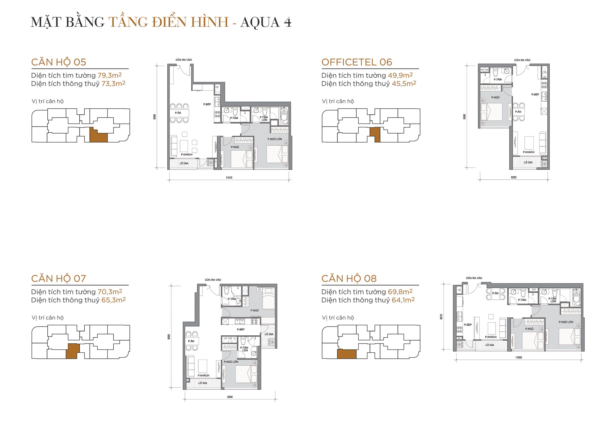 Layout thiết kế tầng điển hình Tòa Aqua 4 loại Căn hộ 05, Officetel 06, Căn hộ 07, Căn hộ 08.