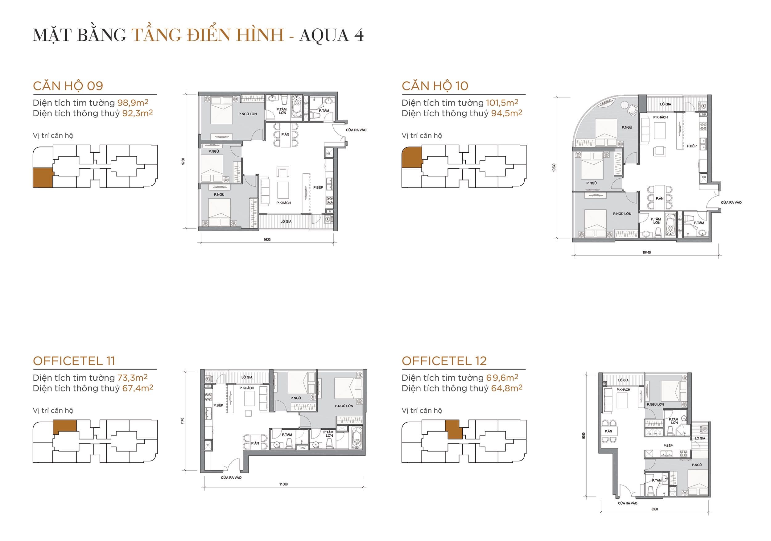 Layout thiết kế tầng điển hình Tòa Aqua 4 loại Căn hộ 09, Căn hộ 10, Officetel 11, Officetel 12.