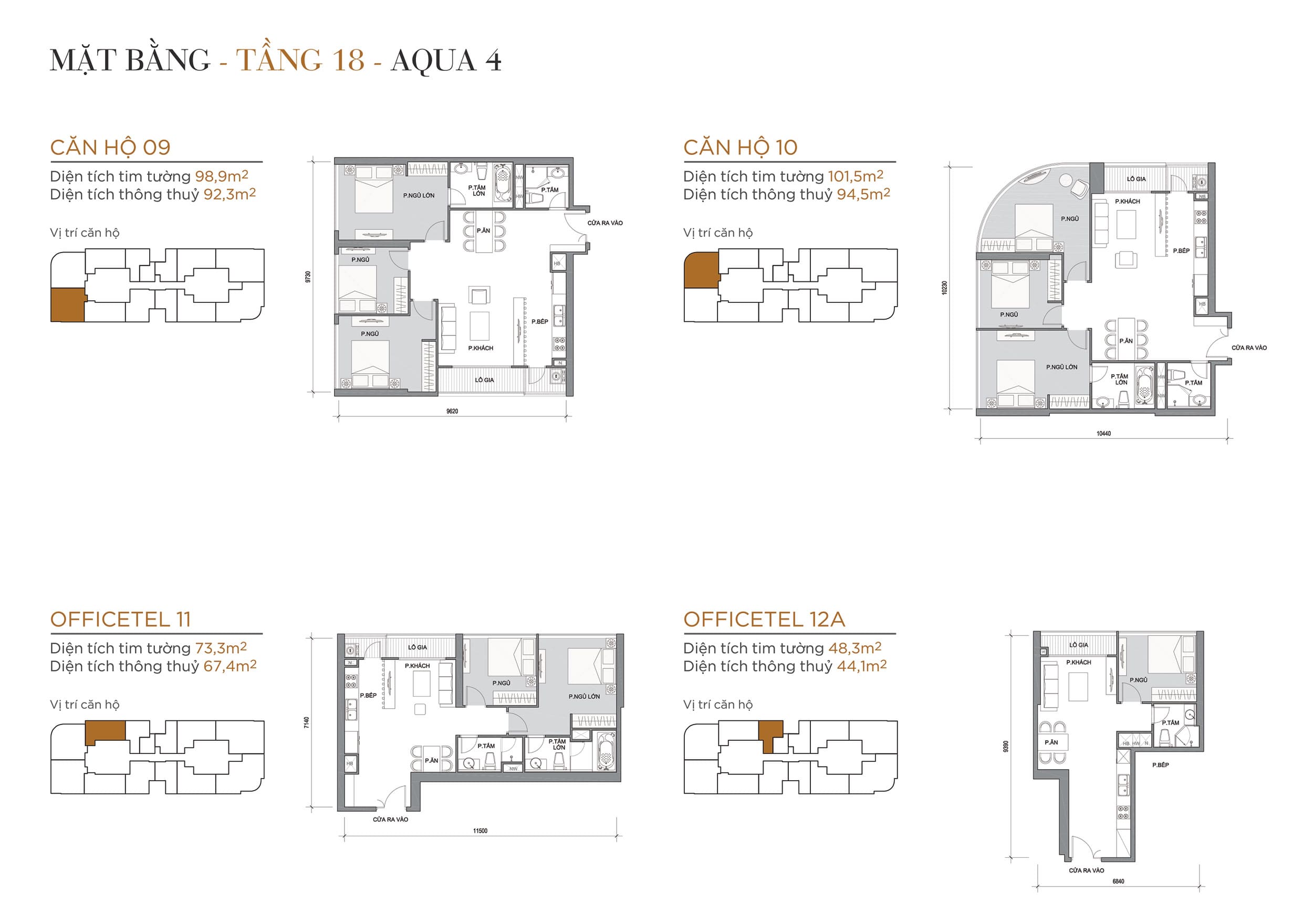 Layout thiết kế điển hình Tầng 18 Tòa Aqua 4 loại Căn hộ 09, Căn hộ 10, Officetel 11, Officetel 12A.