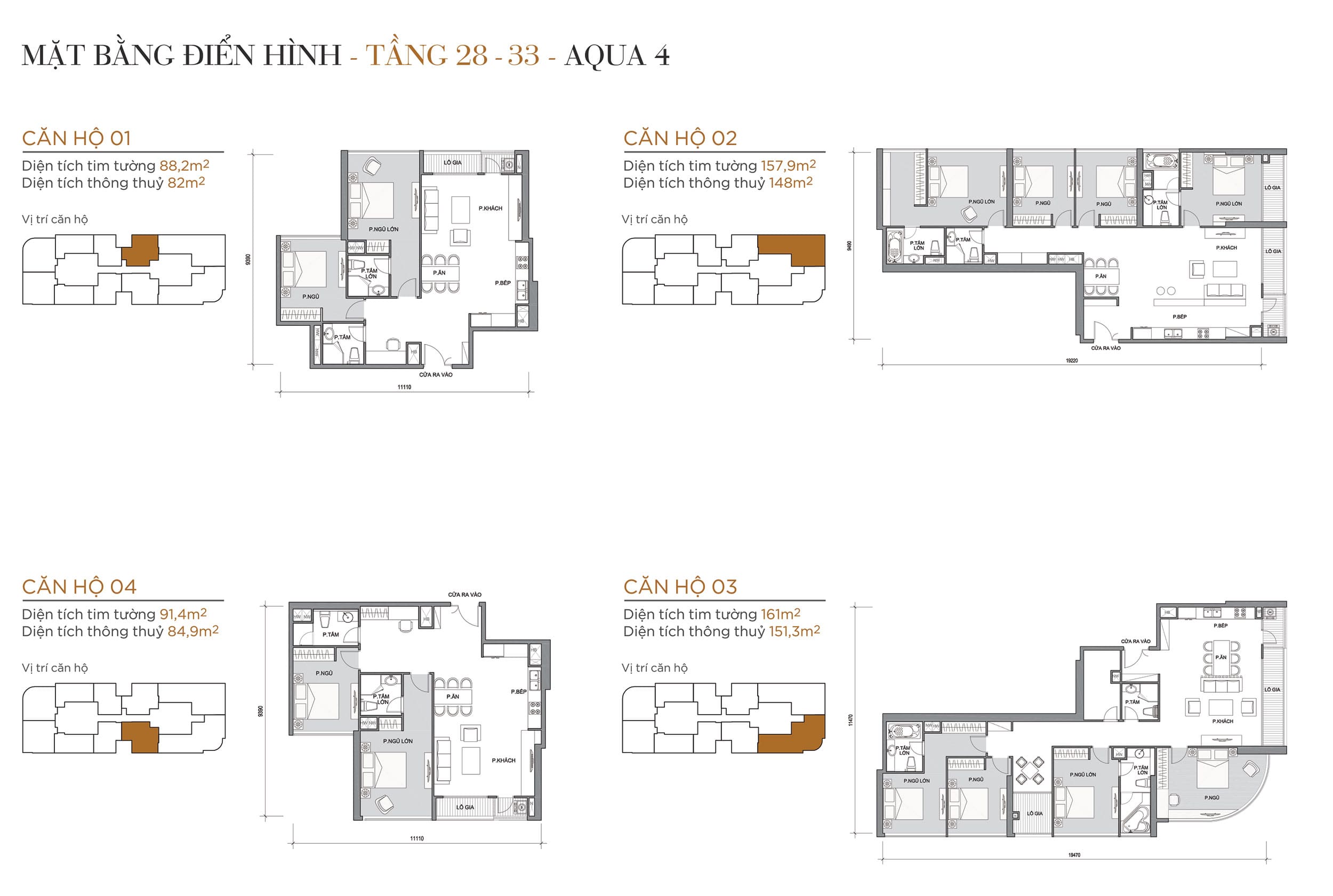 Layout thiết kế điển hình Tầng 28 đến Tầng 33 Tòa Aqua 4 loại Căn hộ 01, Căn hộ 02, Căn hộ 03, Căn hộ 04.